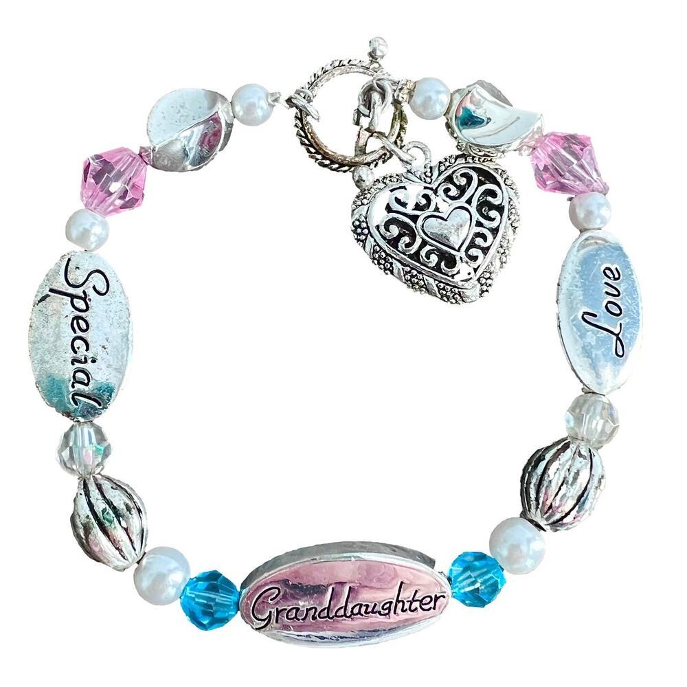 🍭6/$30 Silver pink blue beaded t clasp heart special granddaughter love bracelet